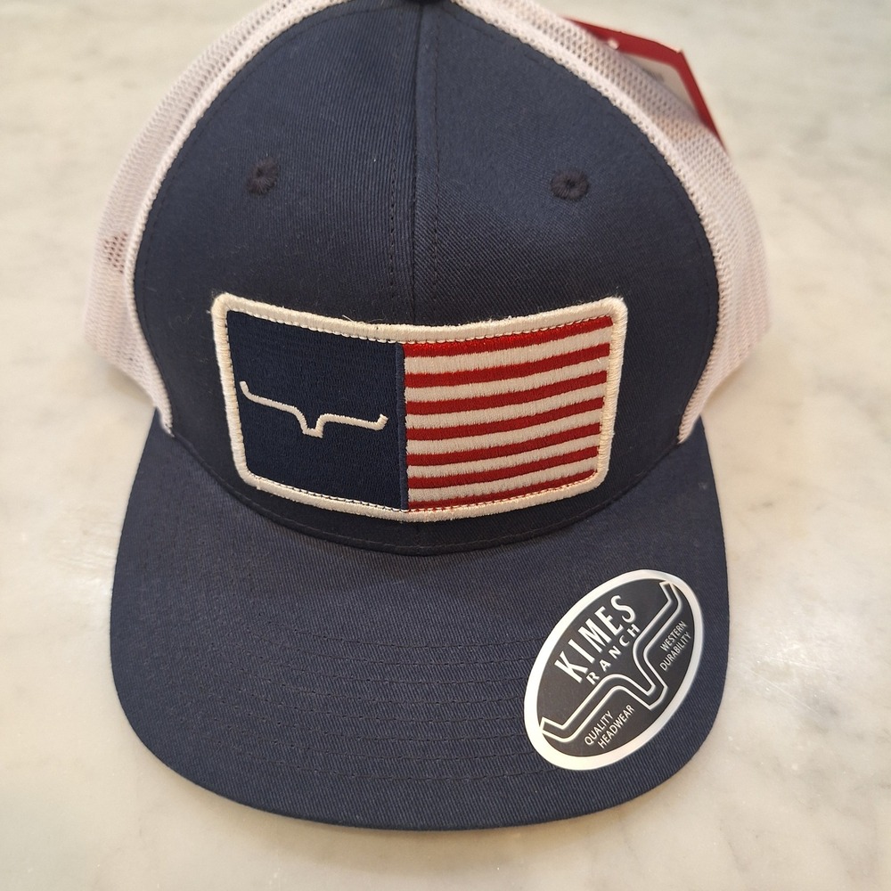 New Kimes Ranch Trucker Hat Mens OSFA Navy White American Flag Patch Mesh Cap
